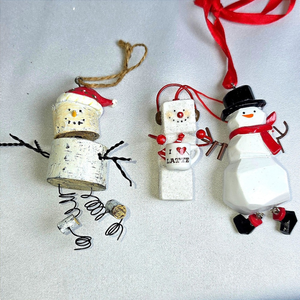 Lot of 3 Snowman Christmas Ornaments Rustic Birch Wood Latte Coffee Decor